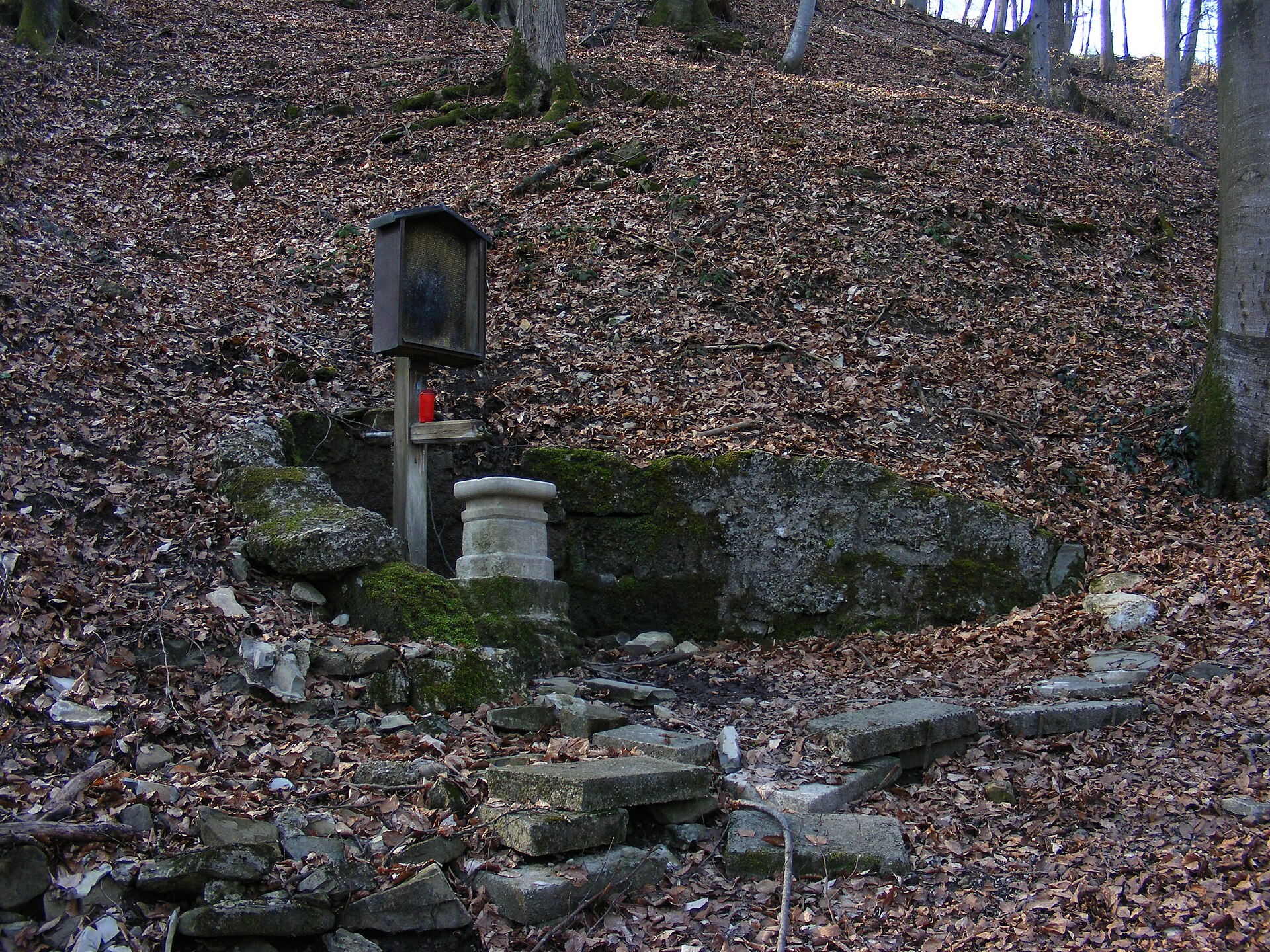 Small stone spring or shrine with a wooden display box and red candle on a leaf-covered forest slope